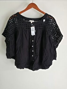 Buckle Black Crochet Yoke Button-Down Blouse